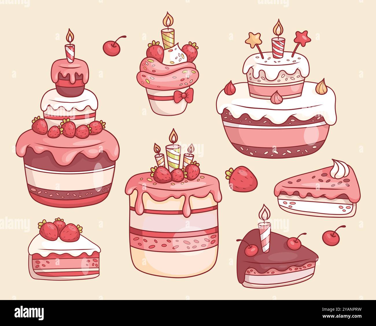 Collection gâteaux des fêtes. Dessert festif à plusieurs niveaux avec glaçage, fraises et bougies, cupcake, morceaux de fruits et gâteau au chocolat aux cerises Illustration de Vecteur