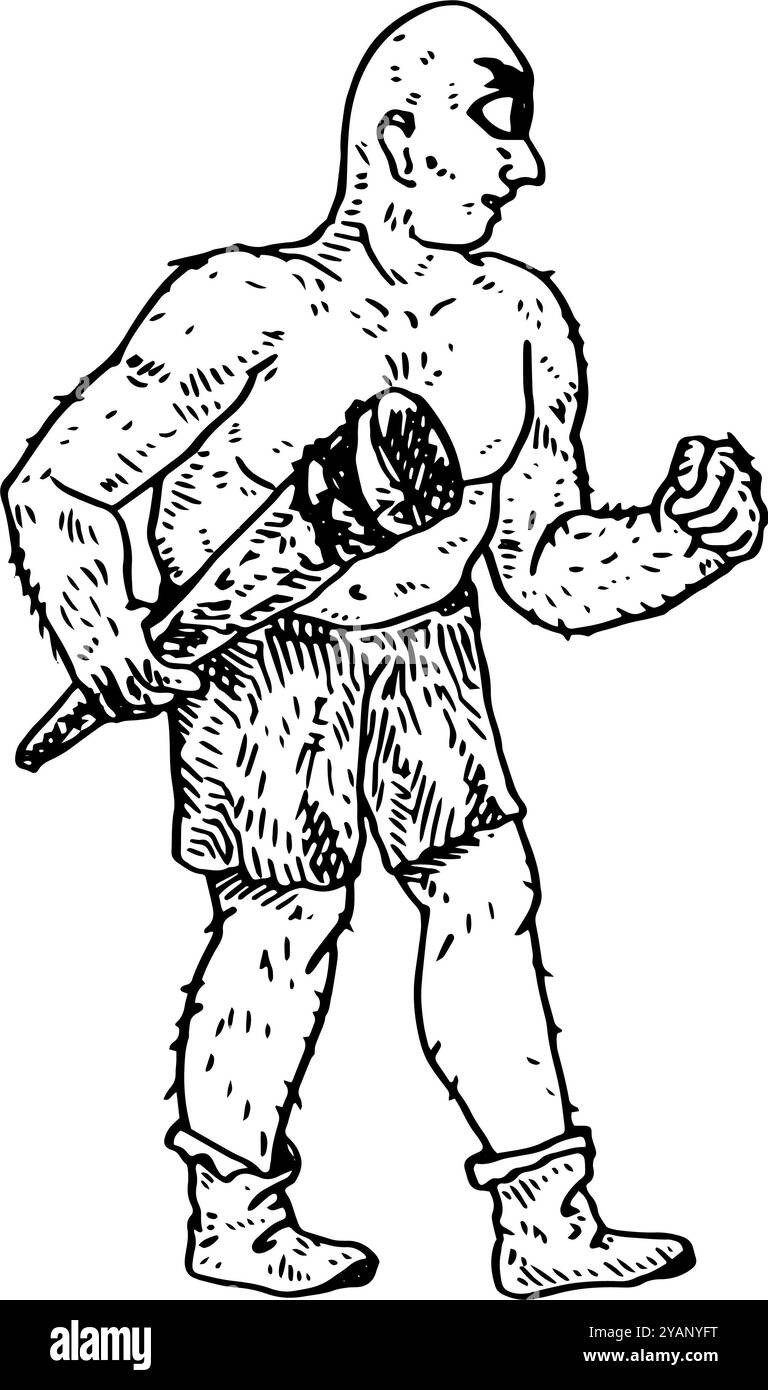 Cyclope - illustration dessinée à la main d'un géant mythique borgne en noir et blanc Banque D'Images