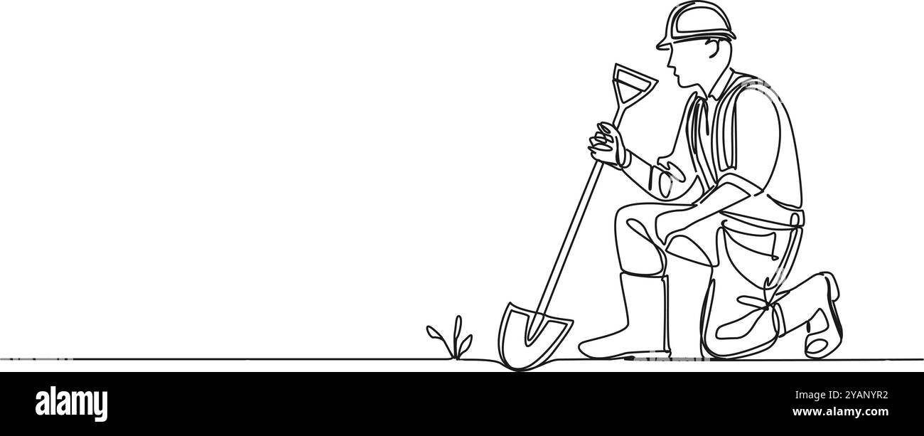 dessin simple continu de travailleur de la construction avec pelle agenouillée sur le sol, illustration vectorielle d'art au trait Illustration de Vecteur