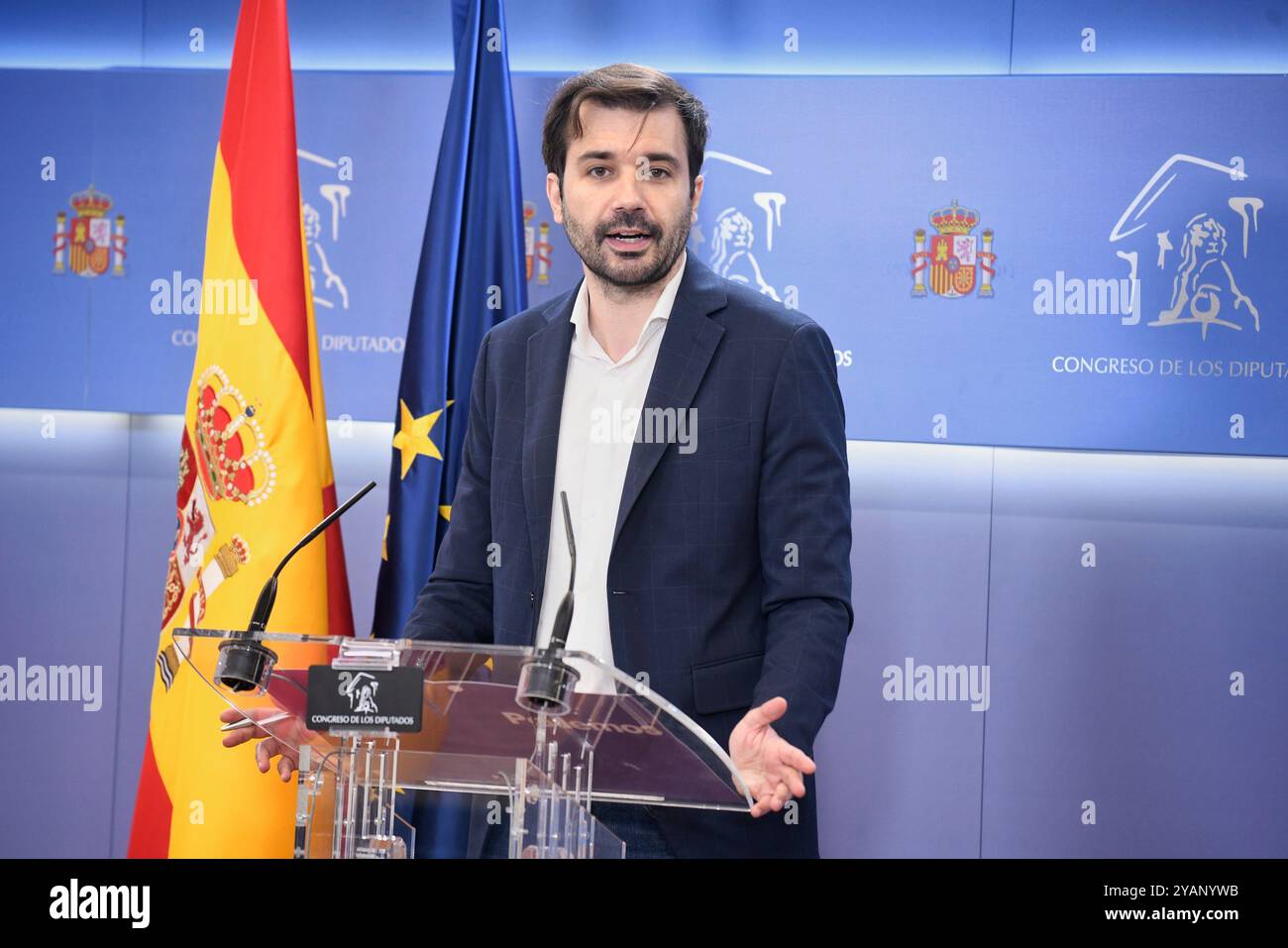 Podemos deputy Javier Sánchez Serna during a press conference prior to the meeting of the Board of Spokespersons, on October 15, 2024, in Madrid (Spain). OCTOBER 15;2024 Fernando Sánchez / Europa Press 10/15/2024 (Europa Press via AP) Banque D'Images