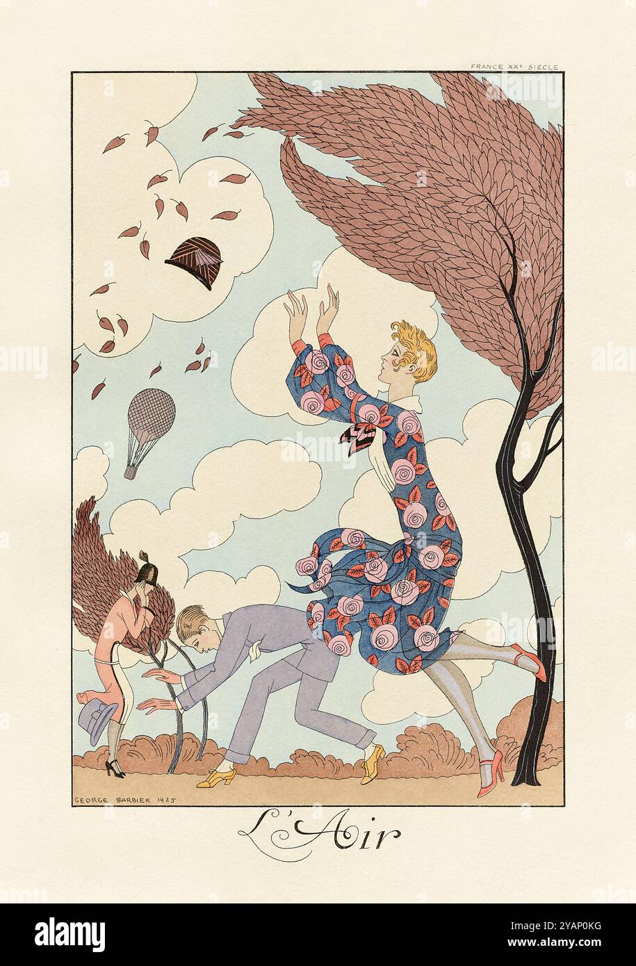 « L’Air » (Air) illustration de George Barbier (1882-1932) représentant trois personnages pris dans une rafale de vent, entourés de feuilles tourbillonnantes et d’une montgolfière dans un style Art Déco. Photographie tirée du portfolio original de 1925 imprimé pochoir en édition limitée. Crédit : Collection privée / AF Fotografie Banque D'Images « L’Air » (Air) illustration de George Barbier (1882-1932) représentant trois personnages pris dans une rafale de vent, entourés de feuilles tourbillonnantes et d’une montgolfière dans un style Art Déco. Photographie tirée du portfolio original de 1925 imprimé pochoir en édition limitée. Crédit : Collection privée / AF Fotografie Banque D'Images