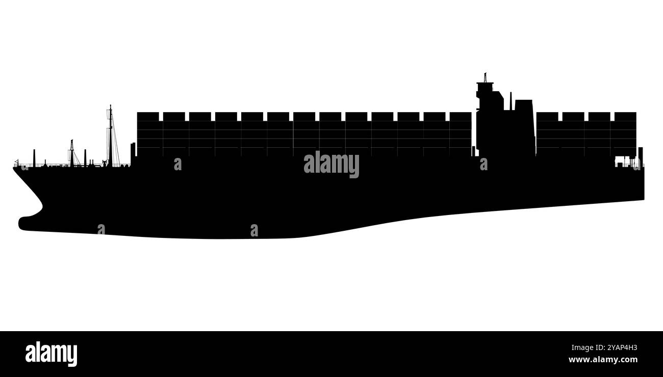 Silhouette de cargo avec illustration vectorielle de conteneurs isolée sur un fond blanc. Vue latérale Illustration de Vecteur