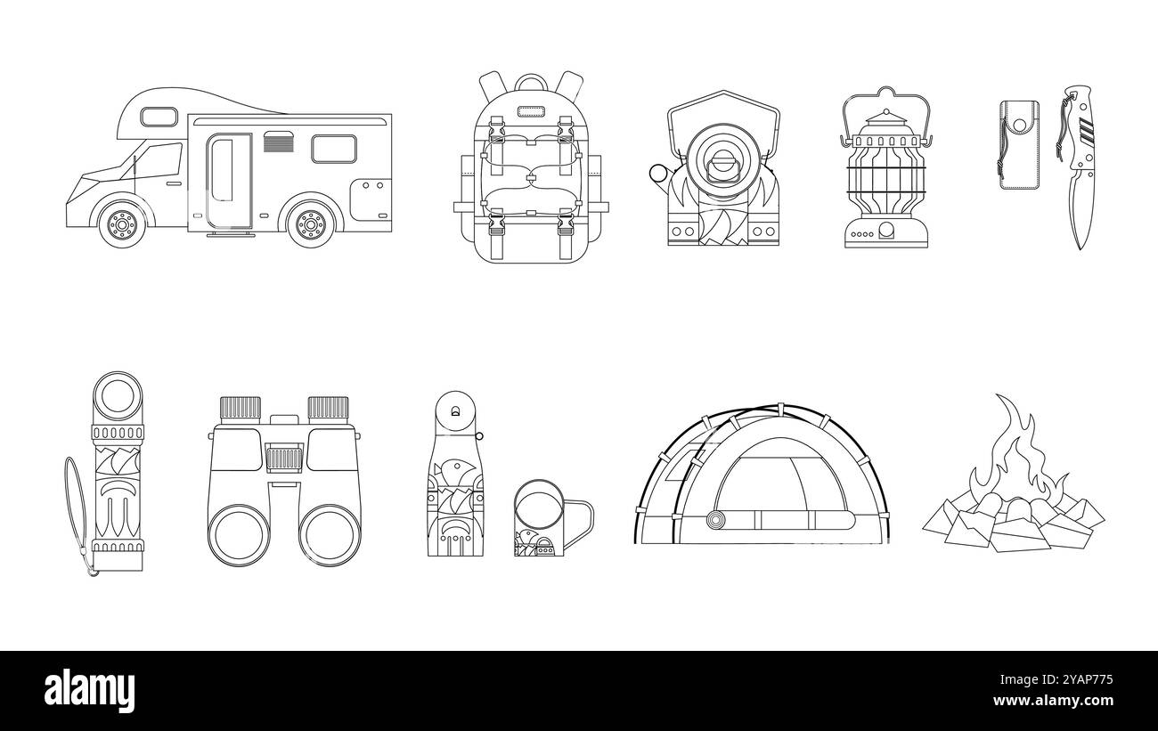 éléments d'illustration de collection d'un feu de camp, sac à dos, camping-car, tente et autre équipement de camping, style de contour Illustration de Vecteur