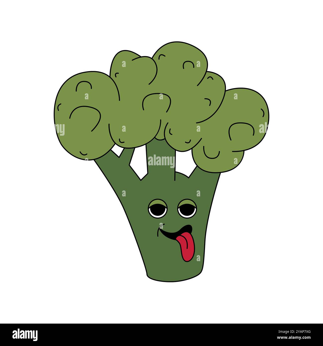 Personnage de brocoli vert psychédélique groovy avec la langue sortant de l'illustration vectorielle Illustration de Vecteur