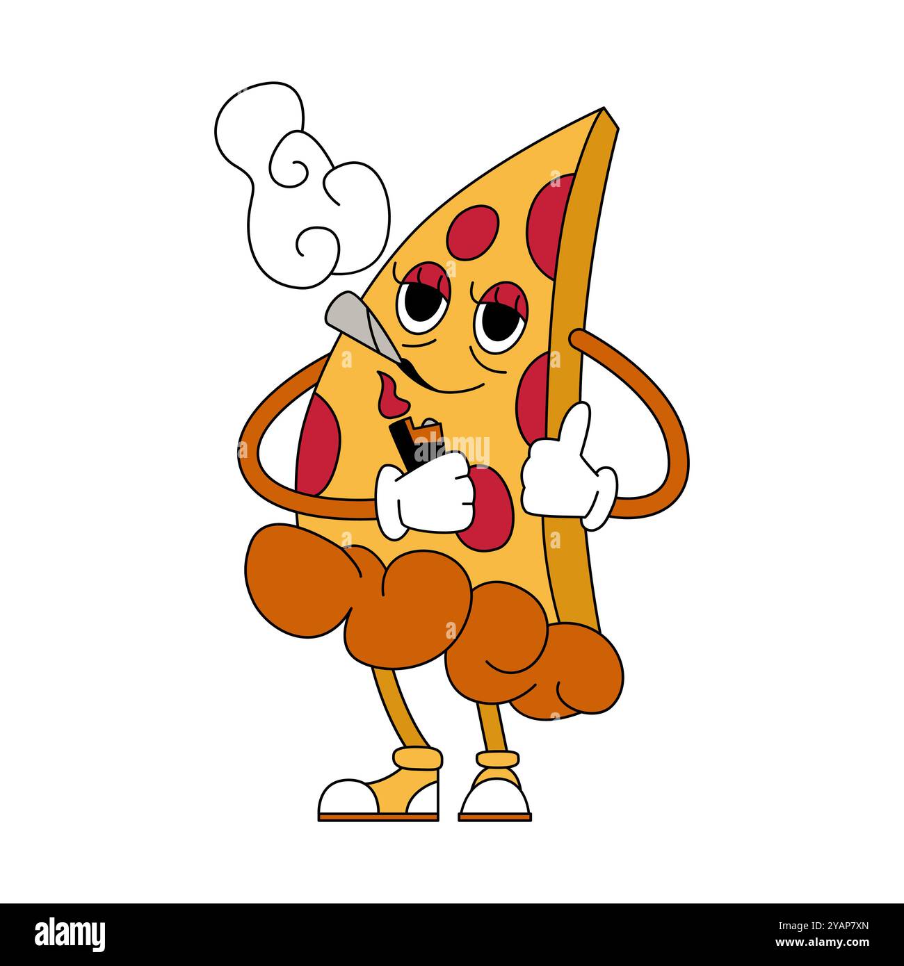 Groovy psychédélique fumant morceau de pizza, personnage de casse-croûte avec cigarette et illustration vectorielle de fumée Illustration de Vecteur