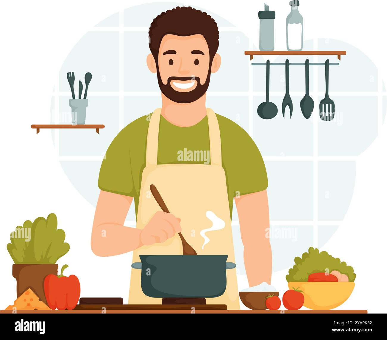 Illustration d'un chef masculin joyeux cuisinant dans la cuisine, remuant une casserole sur la cuisinière avec des légumes frais et des ustensiles de cuisine à proximité. Illustration de Vecteur