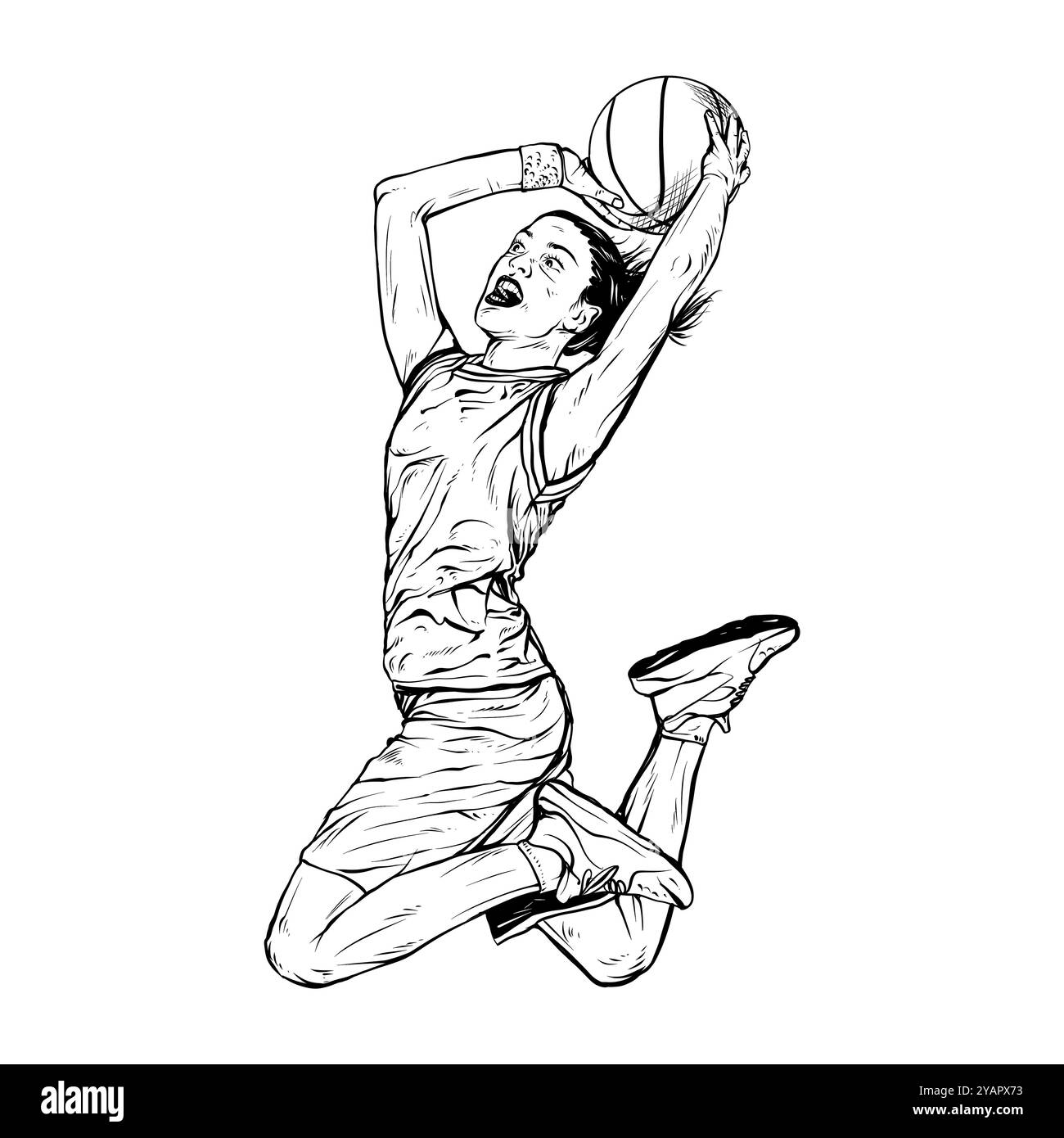 Joueuse de basket-ball féminine. Style de gravure de ligne vintage. Illustration dessinée à la main. Banque D'Images