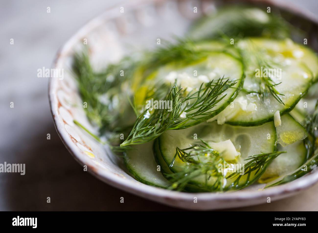 Salade fraîche de concombre finement tranchée et d'aneth avec de l'ail frais et de l'huile d'olive dans un bol en céramique rustique fait à la main. Banque D'Images