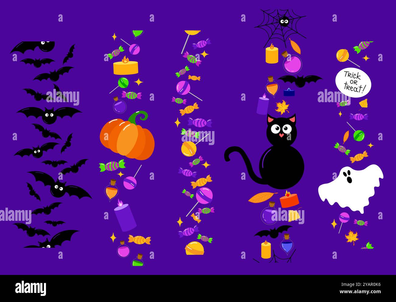 Bordures d'Halloween placées verticalement dans le style de dessin animé. Bordures de motif vectoriel sans couture. Chauves-souris, bonbons, sucettes, citrouille, chat noir, fantôme et bougies sur dar Illustration de Vecteur