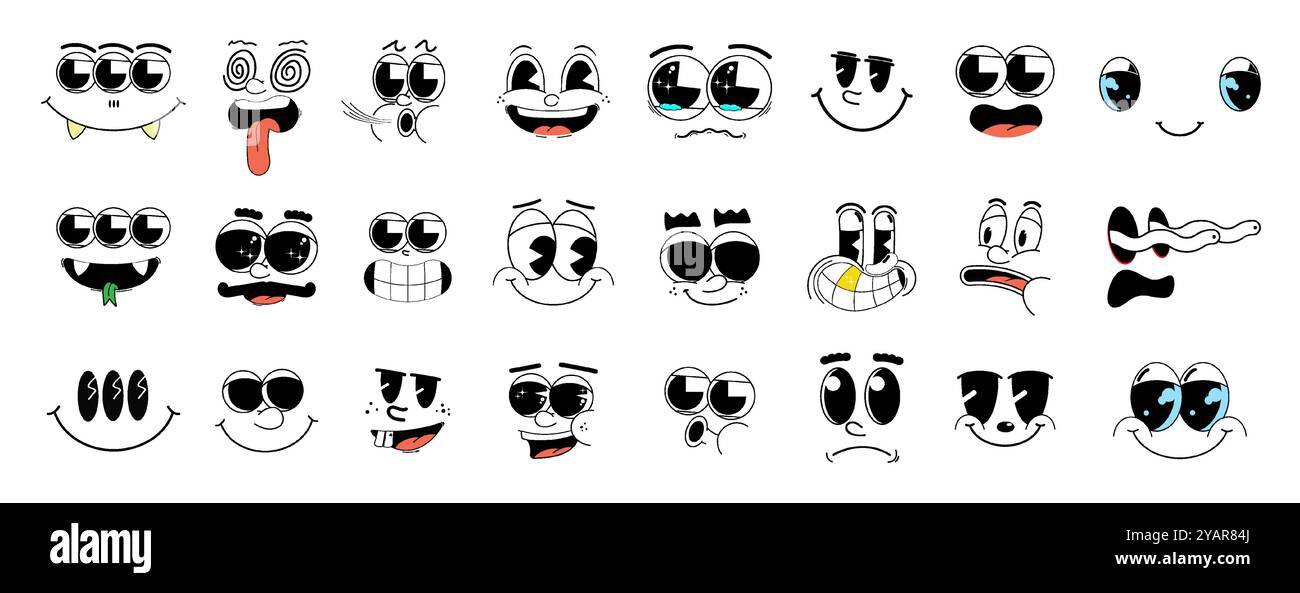Visages de dessins animés rétro dans le style des années 30. Visages de personnages faits dans le style old School Illustration de Vecteur