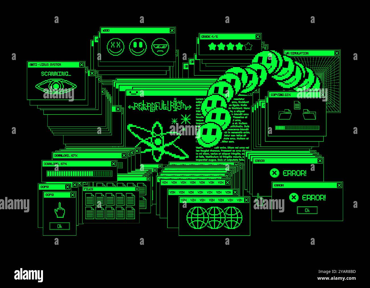 Rétro art, vieilles fenêtres d'interface utilisateur avec des éléments de pixel de 00s, 90s. Illustration de Vecteur