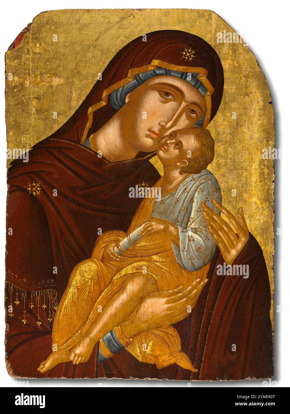 Icône de la mère de Dieu et de l'enfant Christ (Vierge Éléousa) c. 1425–50 attribuée à Angelos Akotantos (crétois, mort en 1450) - cette grande icône d'une tendresse étreinte entre la Vierge Marie et le Christ était probablement accrochée à l'iconostase d'une église orthodoxe grecque, un écran séparant la congrégation du sanctuaire contenant l'autel, dans lequel seul le clergé pouvait entrer. Peintre talentueux de visages et de draperies, Angelos Akotantos était parmi les artistes les plus recherchés de Crète. Basé dans le centre artistique de Byzance dans sa ville natale de Candie, il peint pour des clients impériaux et au-delà. Malgré les différences théologiques Banque D'Images