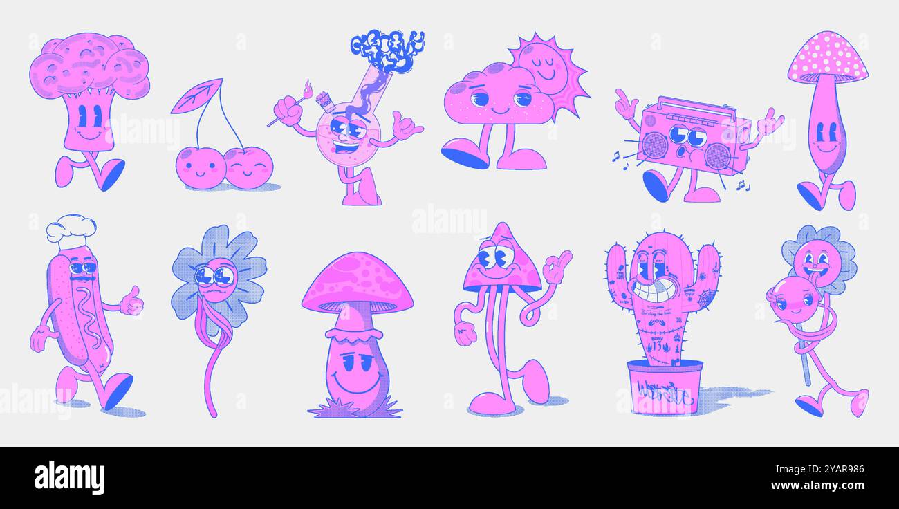 Personnages groovy de dessin animé rétro dans des couleurs roses Illustration de Vecteur