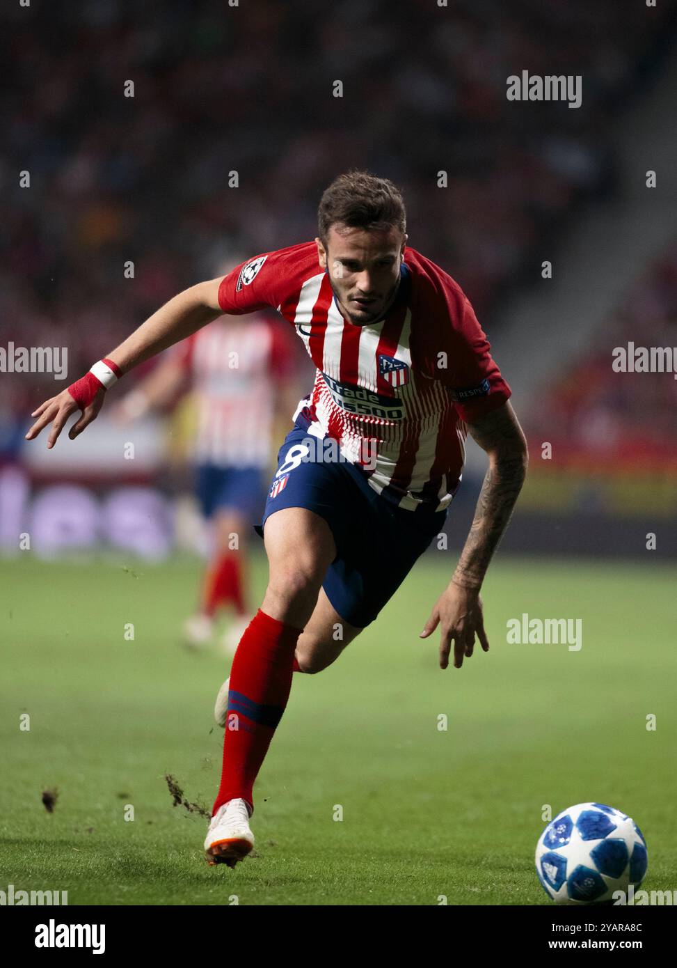 MADRID, ESPAGNE - 3 OCTOBRE : Saul Ñiguez de l'Atletico de Madrid en action lors du match de l'UEFA Champions League 2018/19 entre l'Atletico de Madrid et Banque D'Images