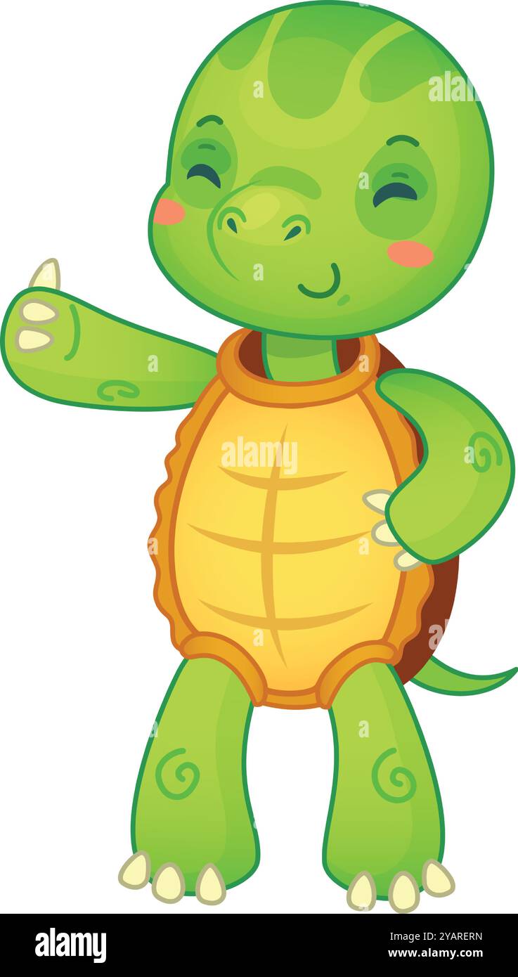 Tortue de dessin animé joyeuse pointant et souriant sur un fond blanc, parfait pour les conceptions d'enfants Illustration de Vecteur