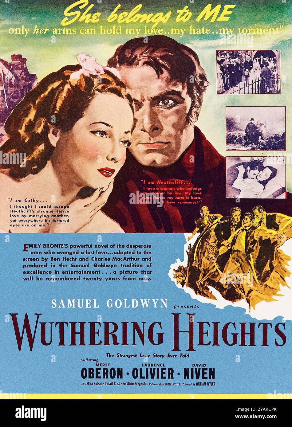 Wuthering Heights (1939) réalisé par William Wyler et mettant en vedette Merle Oberon, Laurence Olivier et David Niven. Adaptation grand écran du roman classique d'Emily Brontë sur un amour condamné contre les landes couvantes du Yorkshire, où Heathcliff cherche la vengeance après que Cathy en épouse une autre. Photographie d'une affiche originale entièrement restaurée du Herald de 1939 tirée du dossier de presse. Crédit : BFA / United Artists Banque D'Images