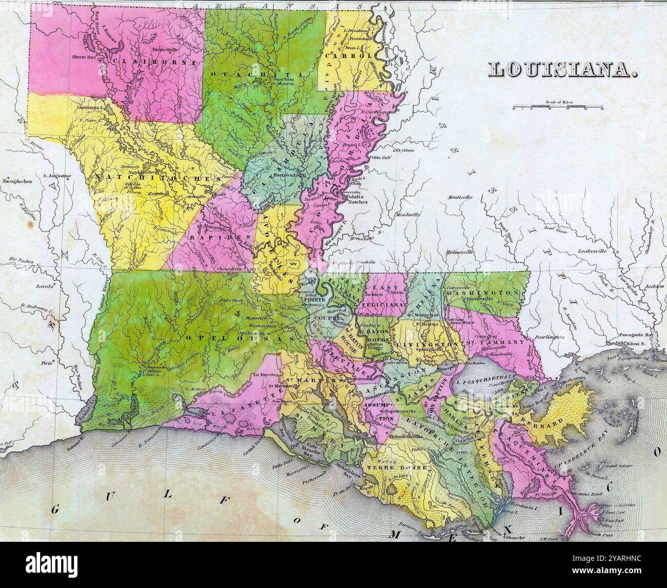 SEATTLE - 11 septembre 2022 - cette carte colorée à la main représente l'état de louisiane tel qu'il était en 1818, montrant les limites et les colonies paroissiales Banque D'Images