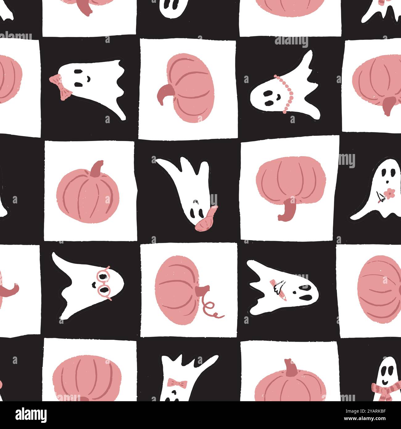 Modèle vectoriel sans couture avec de mignons fantômes et citrouilles d'Halloween sur damier noir et blanc. Illustration vectorielle Illustration de Vecteur