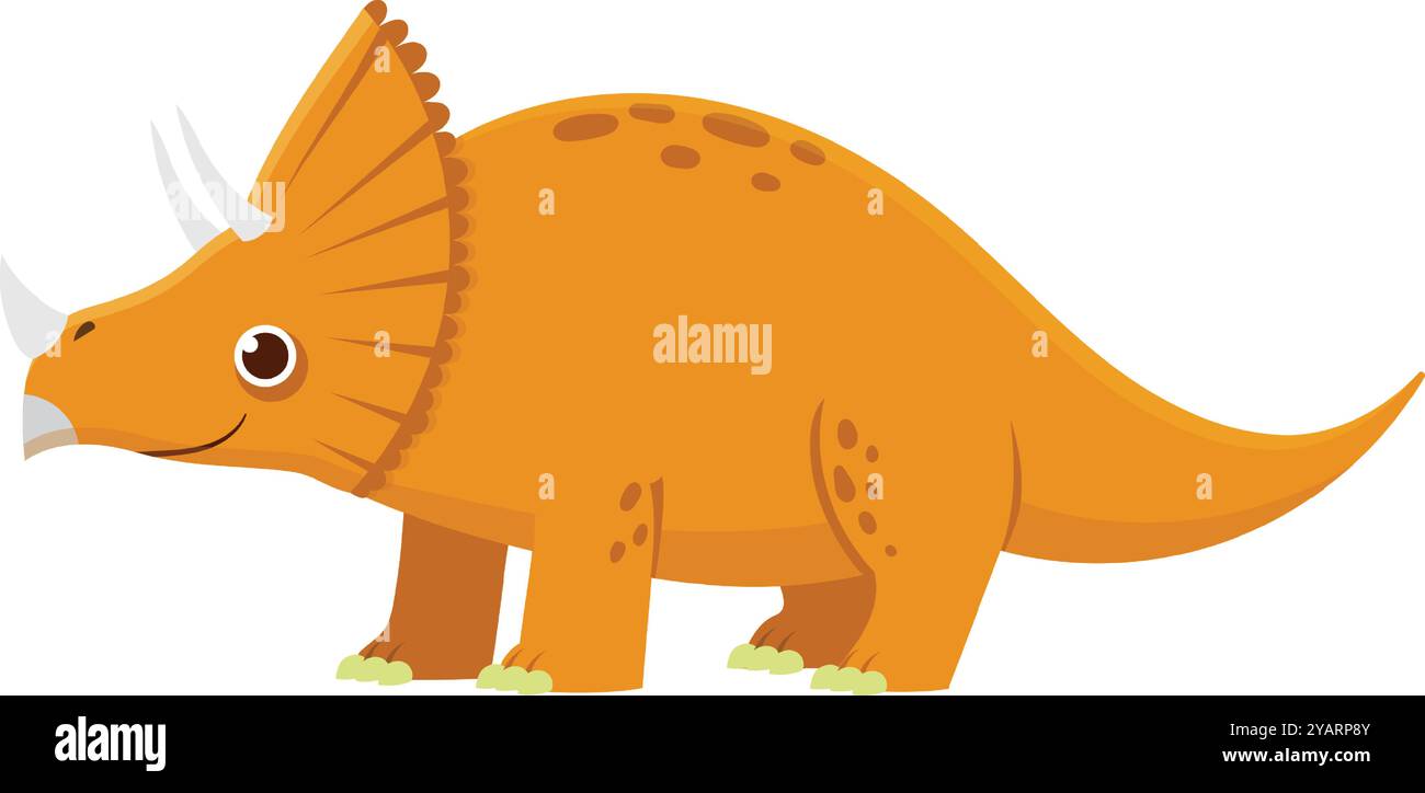 Joyeux dessin animé triceratops dinosaure marchant vers le côté gauche du cadre. Ce dinosaure sympathique est souriant Illustration de Vecteur