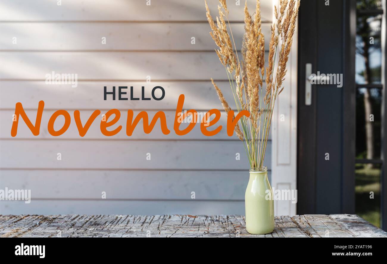 Bonjour novembre. Carte d'affiche, herbes d'automne sur la table en bois contre la porte et le mur de la maison moderne en bois. Banque D'Images