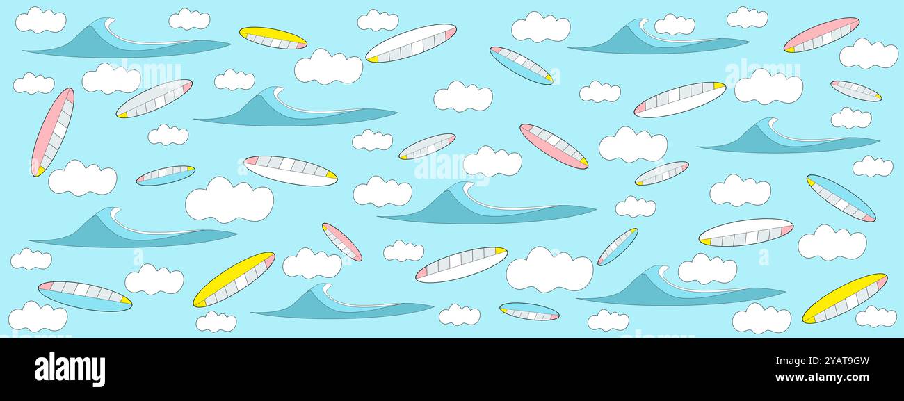 Surf sport, planches de surf, planches de paddle, plage, papier peint à motifs d'eau. Illustration abstraite conceptuelle. Motifs artistiques. Affaires, voyages Banque D'Images