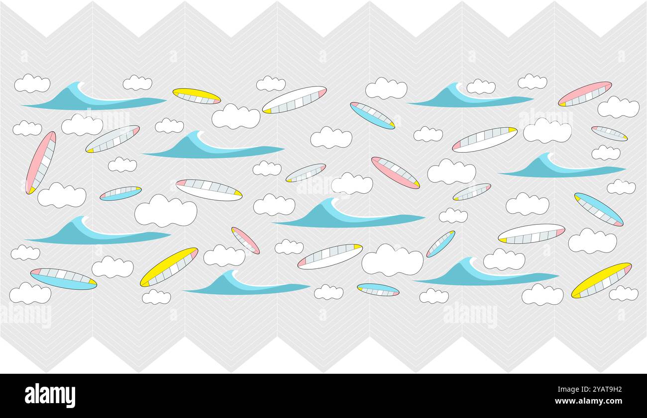 Surf sport, planches de surf, planches de paddle, plage, papier peint à motifs d'eau. Illustration abstraite conceptuelle. Motifs artistiques. Affaires, voyages Banque D'Images