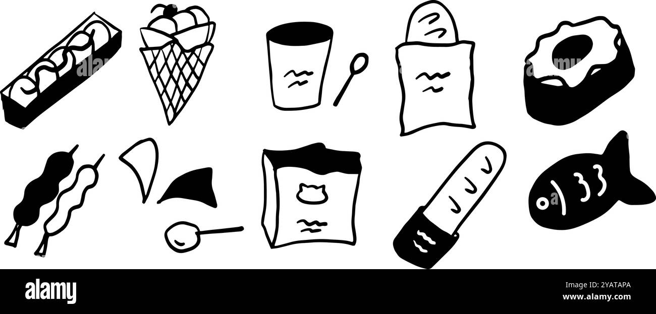 Street Food Minimalist Doodle Set | illustration vectorielle bicolore noir et blanc | parfait pour les blogs alimentaires, les menus et les projets culinaires Illustration de Vecteur