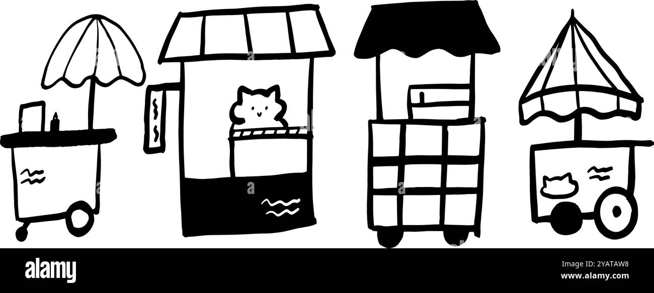 Street Food Minimalist Doodle Set | illustration vectorielle bicolore noir et blanc | parfait pour les blogs alimentaires, les menus et les projets culinaires Illustration de Vecteur