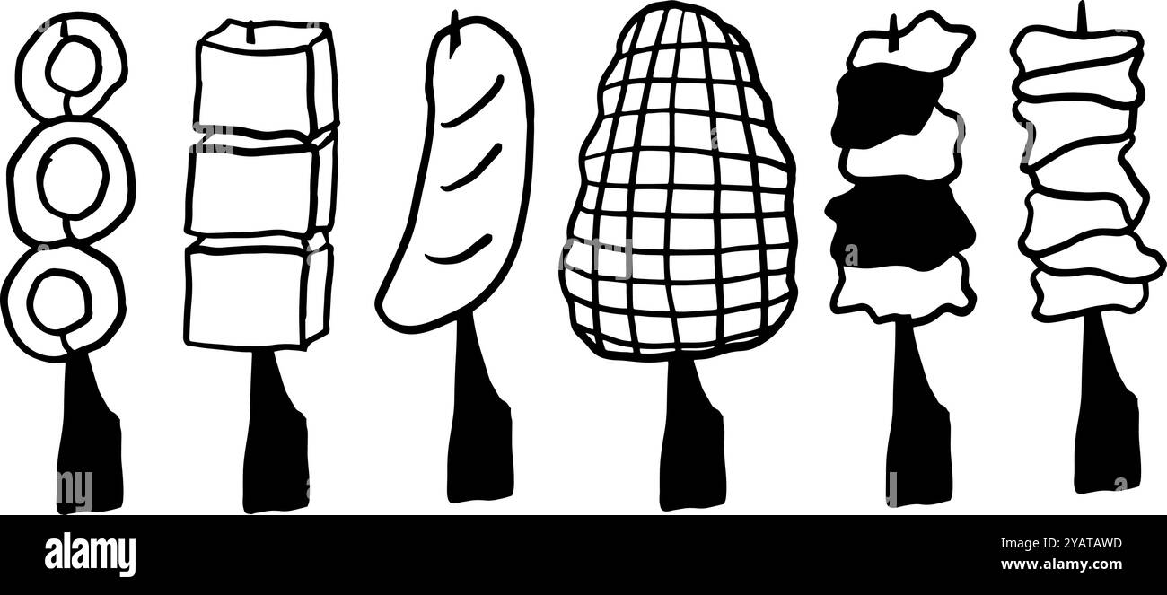 Street Food Minimalist Doodle Set | illustration vectorielle bicolore noir et blanc | parfait pour les blogs alimentaires, les menus et les projets culinaires Illustration de Vecteur