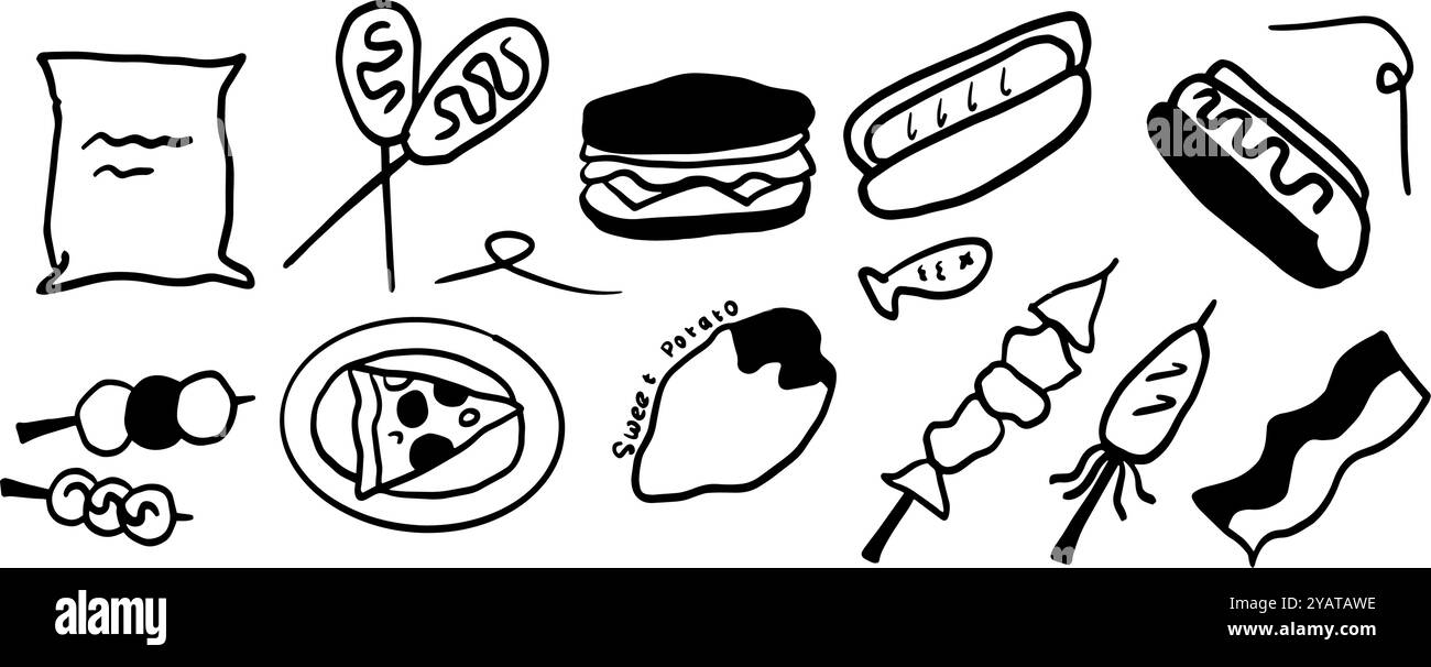 Street Food Minimalist Doodle Set | illustration vectorielle bicolore noir et blanc | parfait pour les blogs alimentaires, les menus et les projets culinaires Illustration de Vecteur