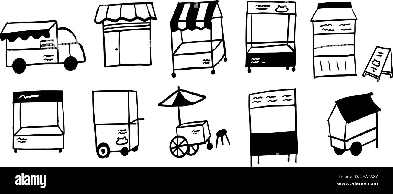 Street Food Minimalist Doodle Set | illustration vectorielle bicolore noir et blanc | parfait pour les blogs alimentaires, les menus et les projets culinaires Illustration de Vecteur