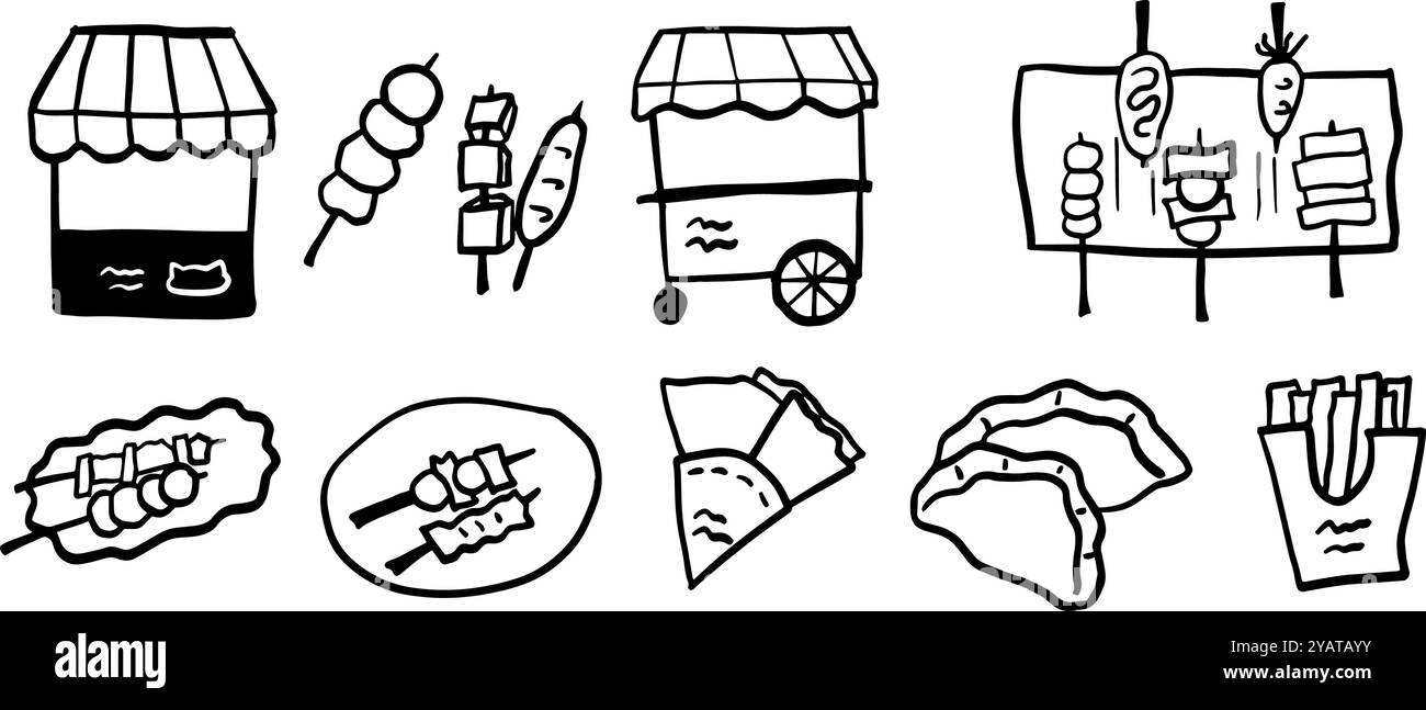 Street Food Minimalist Doodle Set | illustration vectorielle bicolore noir et blanc | parfait pour les blogs alimentaires, les menus et les projets culinaires Illustration de Vecteur