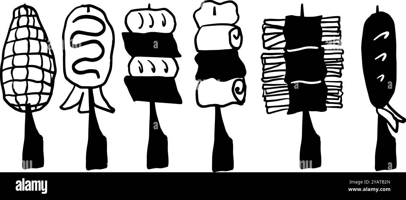 Street Food Minimalist Doodle Set | illustration vectorielle bicolore noir et blanc | parfait pour les blogs alimentaires, les menus et les projets culinaires Illustration de Vecteur