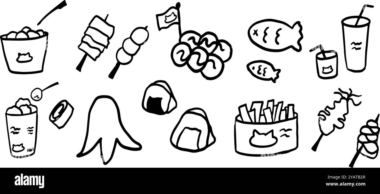 Street Food Minimalist Doodle Set | illustration vectorielle bicolore noir et blanc | parfait pour les blogs alimentaires, les menus et les projets culinaires Illustration de Vecteur