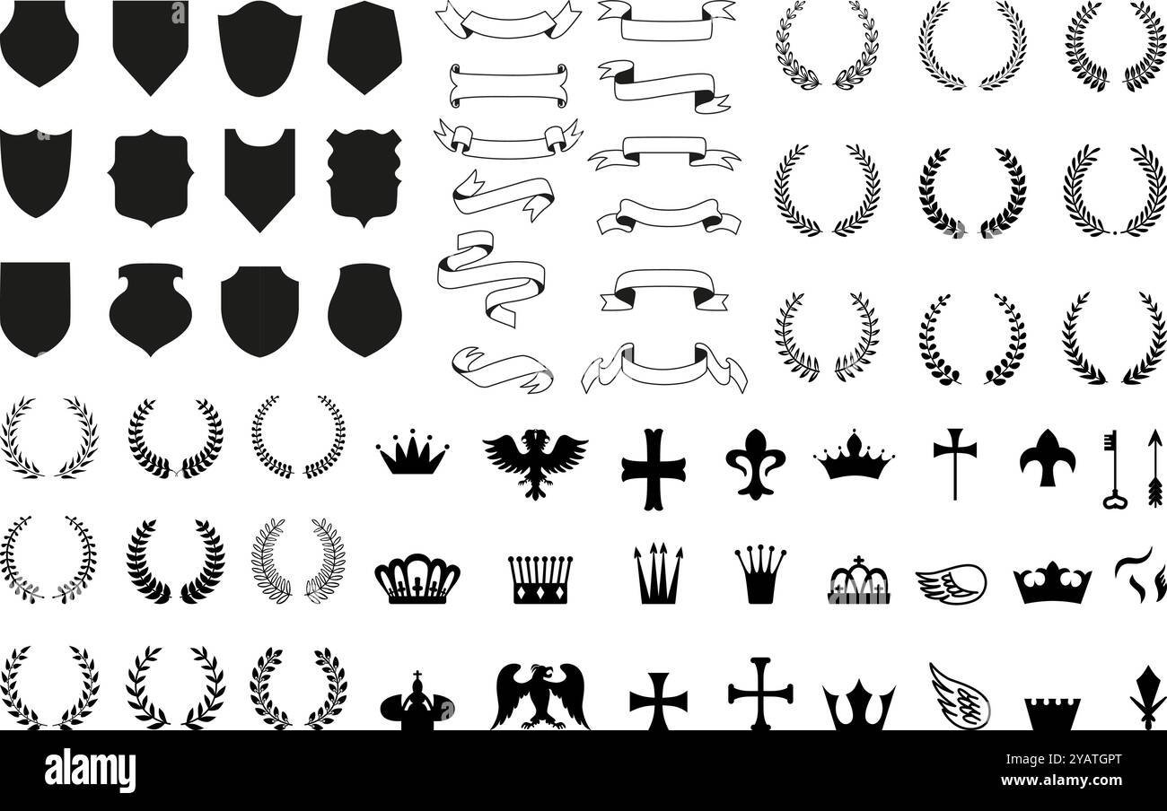 Symboles héraldiques. Les rubans de couronnes de laurier noir protègent les silhouettes, les animaux et les couronnes. Éléments royaux vintage pour le décor, invitation, vecteur néotérique Illustration de Vecteur