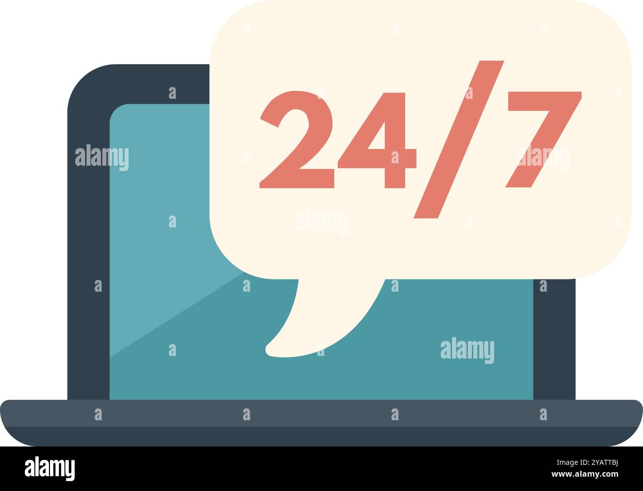 L'ordinateur portable affiche une disponibilité de 247 dans une bulle de discours, représentant un support client constant Illustration de Vecteur