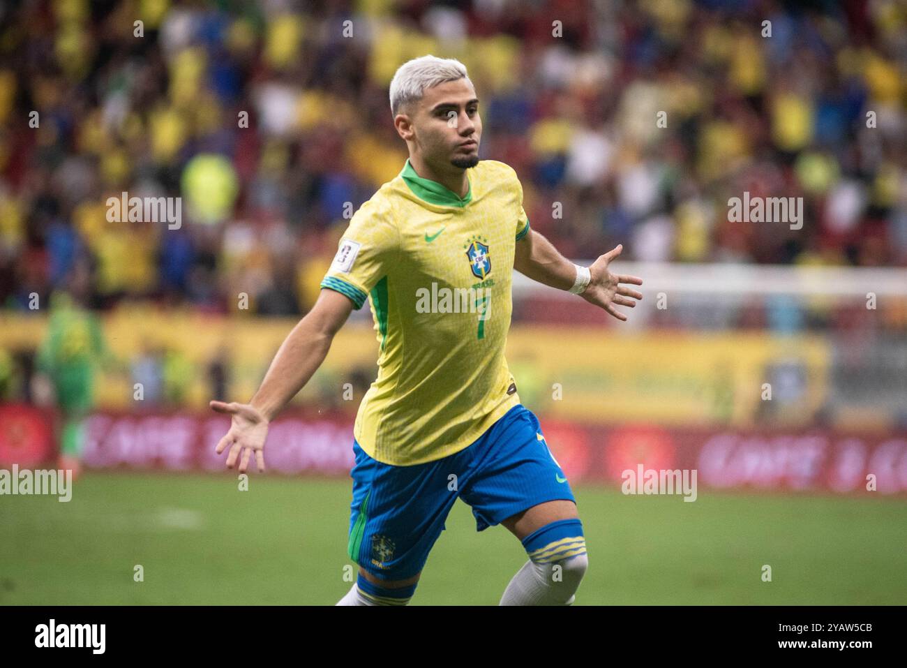 Brasilia, Pérou. 15 octobre 2024. São PAULO, BRÉSIL - 15 OCTOBRE : Andreas Pereira célèbre après avoir marqué un but lors du match des qualifications pour la Coupe du monde de la FIFA 2026 entre le Brésil et le Pérou à l'Arena BRB Mané Garrincha Stadium le 15 octobre 2024 à Brasilia, DF, Brésil. (Photo de Guilherme Veiga/PxImages) crédit : PX images/Alamy Live News Banque D'Images