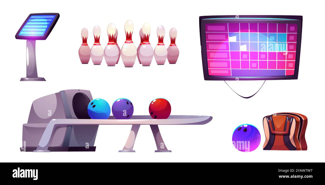 Quilles de bowling et illustration de jeu vectoriel de balle. Tournoi de grève avec skittles. Jeu d'icônes isolées du championnat Kegling. Allée de mouvement pour sphère et écran de jeu avec design de tableau de bord Illustration de Vecteur