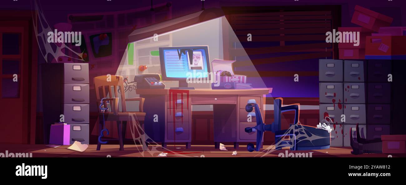 Intérieur de bureau de détective abandonné brisé avec meubles endommagés, éclaboussures de sang, jambes d'homme couchées, toile d'araignée. Illustration vectorielle de dessin animé de la salle de bureau de police écrasée. Désordre dans le cabinet de l'enquêteur. Illustration de Vecteur