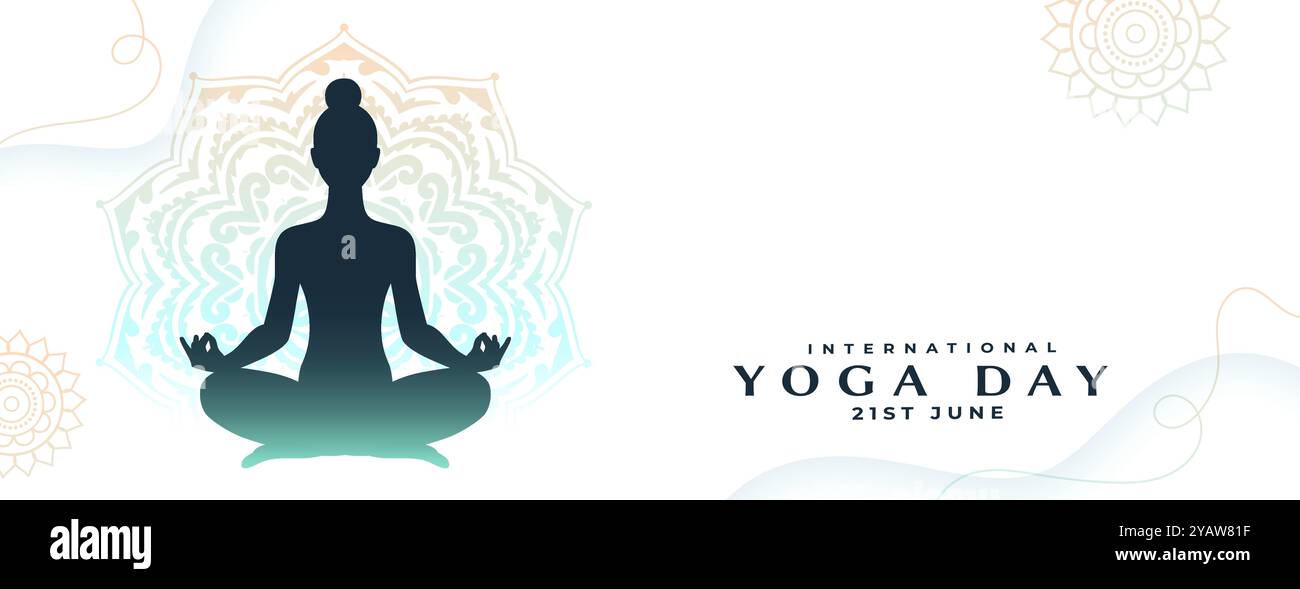 journée internationale de yoga femme bannière blanche dans le vecteur de posture de yoga Illustration de Vecteur