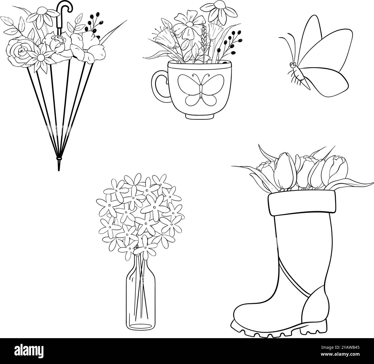 Charmants éléments floraux printaniers combinés avec un délicieux parapluie et un papillon. Illustration vectorielle Illustration de Vecteur