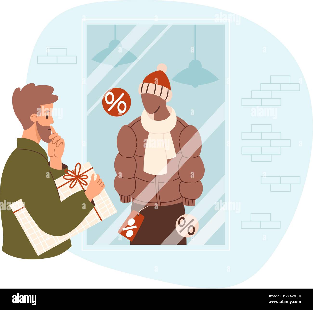 Homme barbu avec cadeau regarde la fenêtre du magasin avec mannequin portant des vêtements d'hiver - chapeau, écharpe et veste en vente et étiquette de prix. Vente de vacances, shoppin Illustration de Vecteur