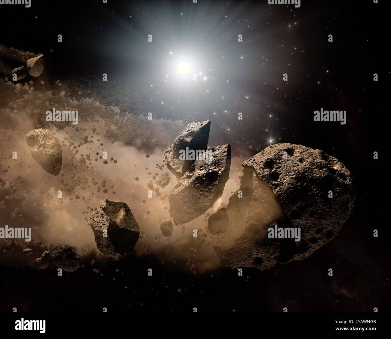 Le télescope spatial Spitzer de la NASA a placé ses yeux infrarouges sur les restes poussiéreux d'astéroïdes déchiquetés autour de plusieurs étoiles mortes. Le concept de cet artiste illustre une étoile morte, ou « naine blanche », entourée par les morceaux d'un astéroïde en désintégration. Ces observations aident les astronomes à mieux comprendre de quoi sont constituées les planètes rocheuses autour d'autres étoiles. Les astéroïdes sont des restes de matériaux planétaires. Banque D'Images