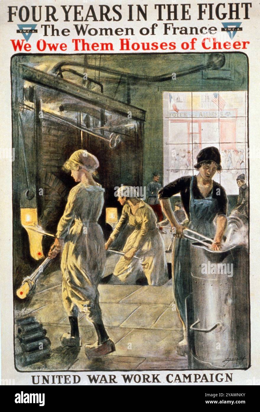 Quatre ans dans la lutte. Les femmes de France, nous leur devons de maisons d'applaudir. Organisation des travaux de guerre Campagne. Y.W.C.A. Artiste Jonas, Lucien, 1880-1947, publié en 1918. Résumé : Les femmes travaillant dans une usine. Banque D'Images