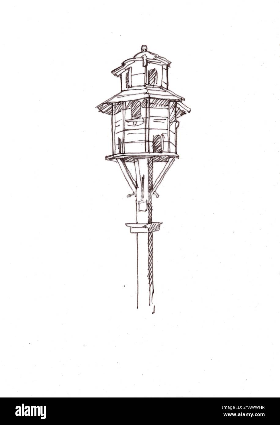 Croquis noir et blanc d'un pigeonnier de style traditionnel sur fond blanc. Banque D'Images