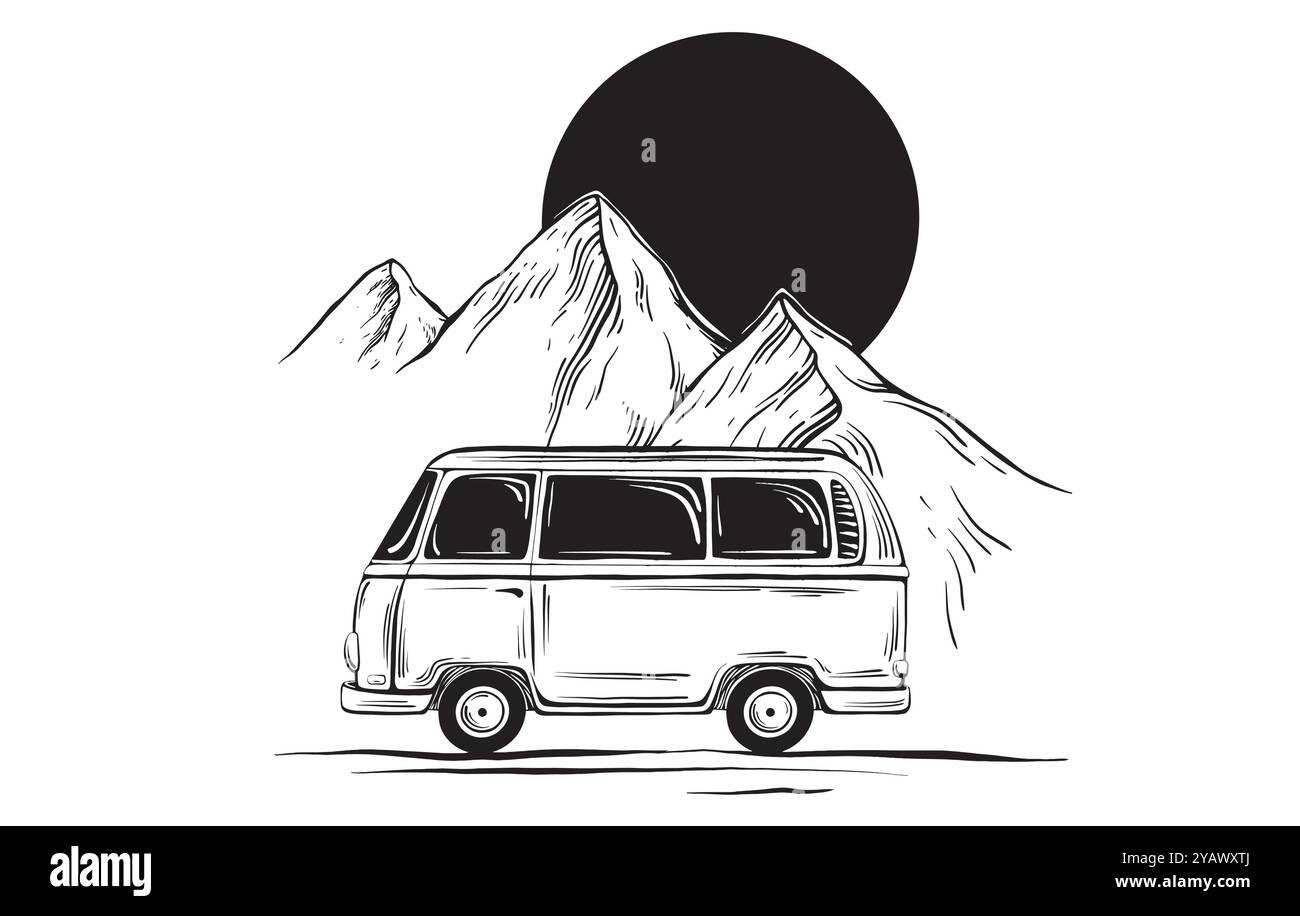 Soleil dessiné à la main minimaliste sur les montagnes et camping-car. Illustration vectorielle en voiture de voyage de style dessin linéaire ou camionnette pour l'aventure ou Illustration de Vecteur