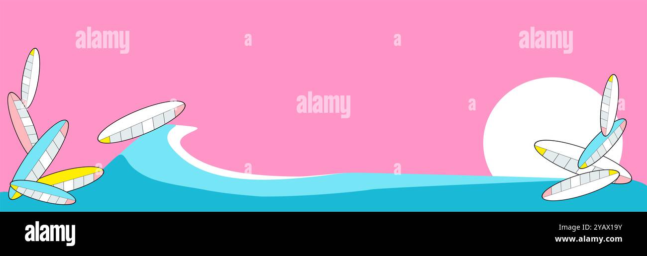 Surf sport, planches de surf, planches de paddle, plage, océan, vagues de mer. Illustration abstraite conceptuelle. Rose, magenta. Copier l'espace. Papier peint artistique Banque D'Images