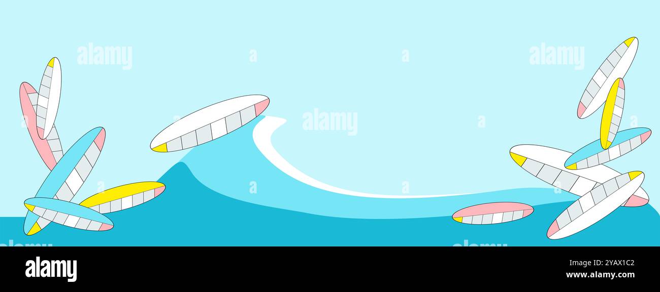 Surf sport, planches de surf, planches de paddle, plage, océan, vagues de mer. Illustration abstraite conceptuelle. Copier l'espace. Papier peint à motifs artistiques Banque D'Images