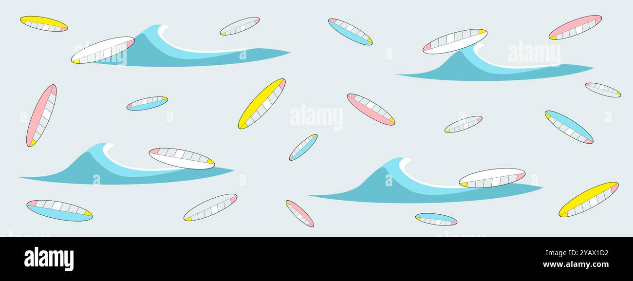 Surf sport, planches de surf, planches de paddle, plage, papier peint à motifs d'eau. Illustration abstraite conceptuelle. Motifs artistiques. Affaires, voyages Banque D'Images