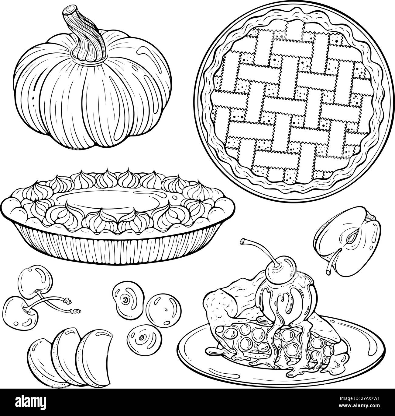 Ensemble de tartes aux fruits dessin au trait Illustration de Vecteur
